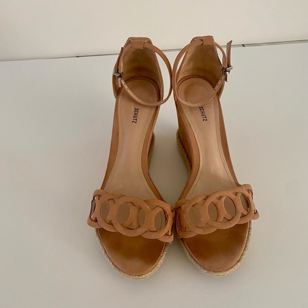 Schutz~Keira Toasted Nut Espadrille, Neutral Wedge Ankle Strap Sandals, 8B